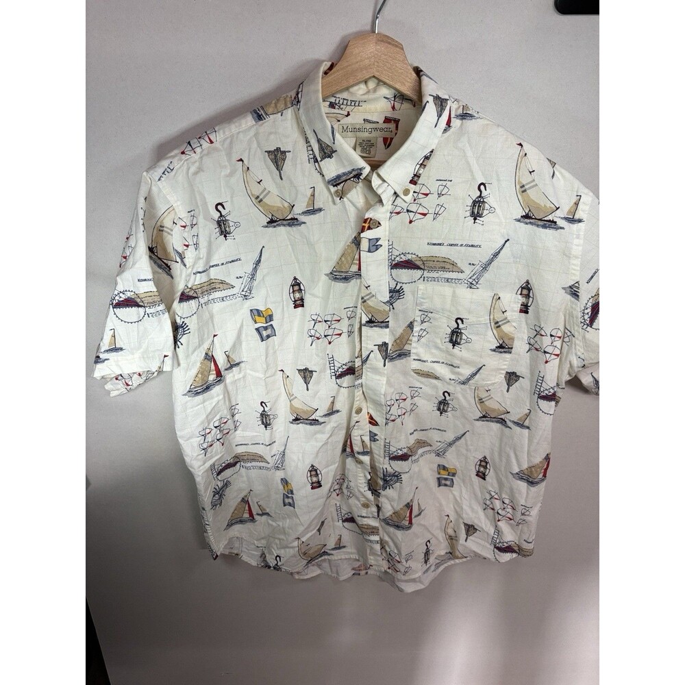 Vintage Munsingwear Button Down Shirt Sailboat Nautical Pattern Mens XL